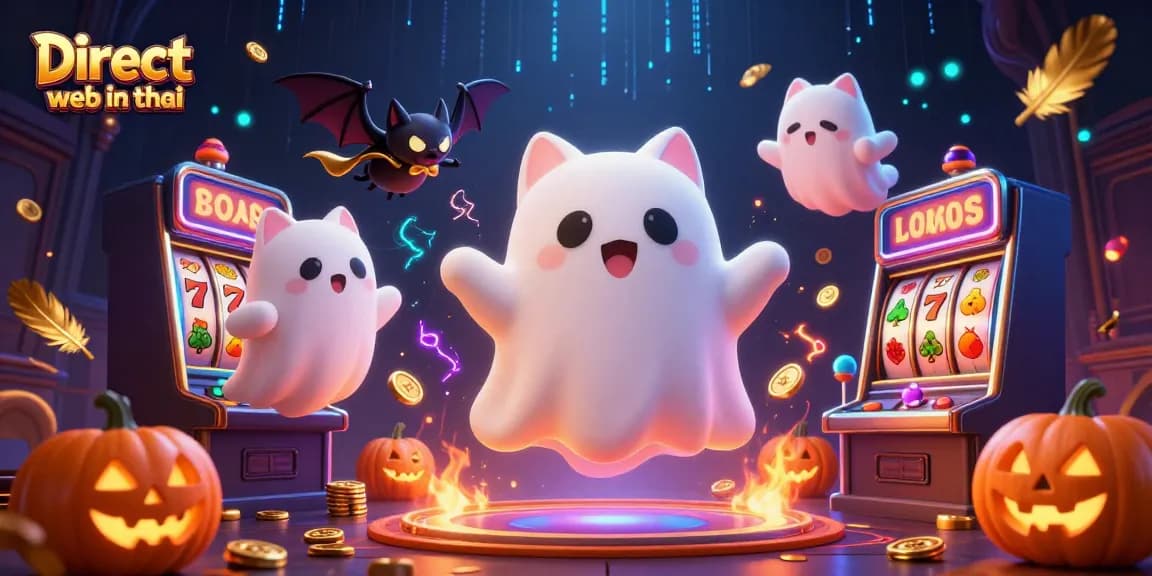 Spin and win with the Direct web in thai ghost cat at a haunted casino, surrounded by glowing jack-o-lanterns.