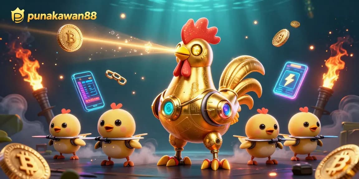 Punakawan88 features a dynamic 3D casino scene with a golden robot rooster and baby chick drones amidst vibrant crypto elements.