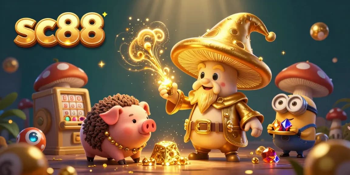 Experience the magic of sc88 with a golden mushroom wizard and lottery excitement amidst sparkling treasures.