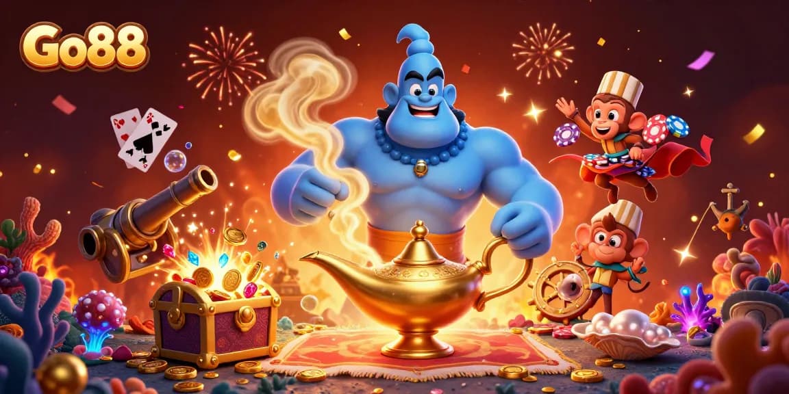 Engage with Go88's vibrant 3D illustration of a genie, monkey, and casino-themed magic carpet.