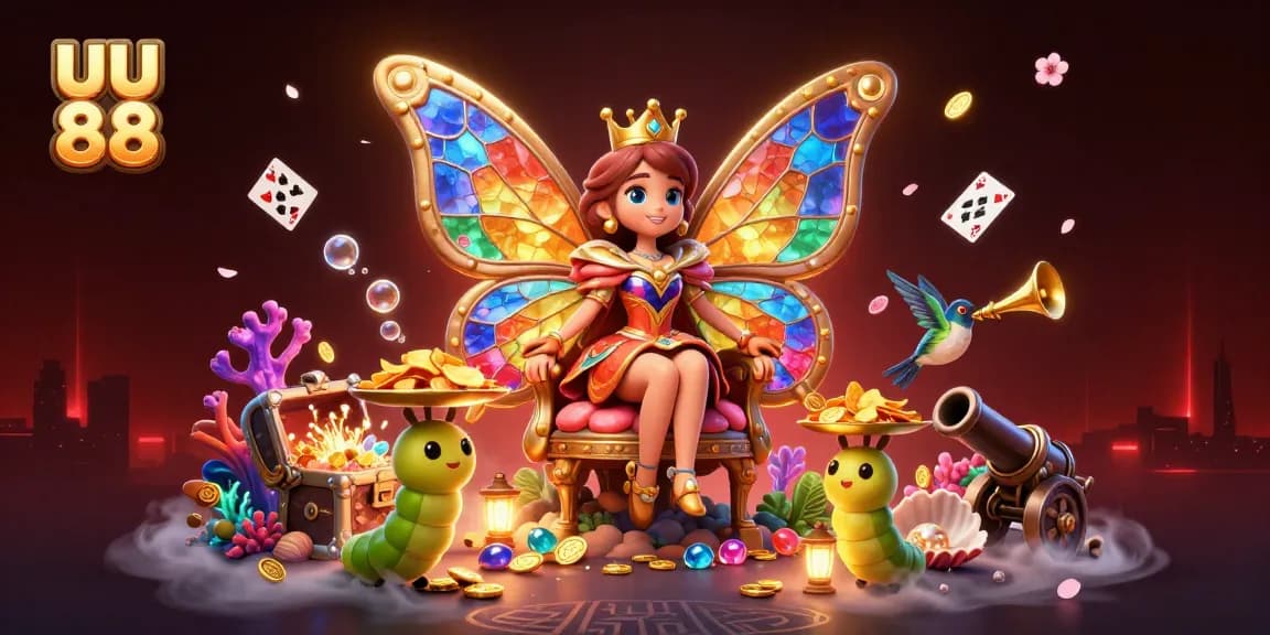 Experience thrilling gameplay at uu 88 with lucky butterfly queen, colorful chips, and vibrant treasures.