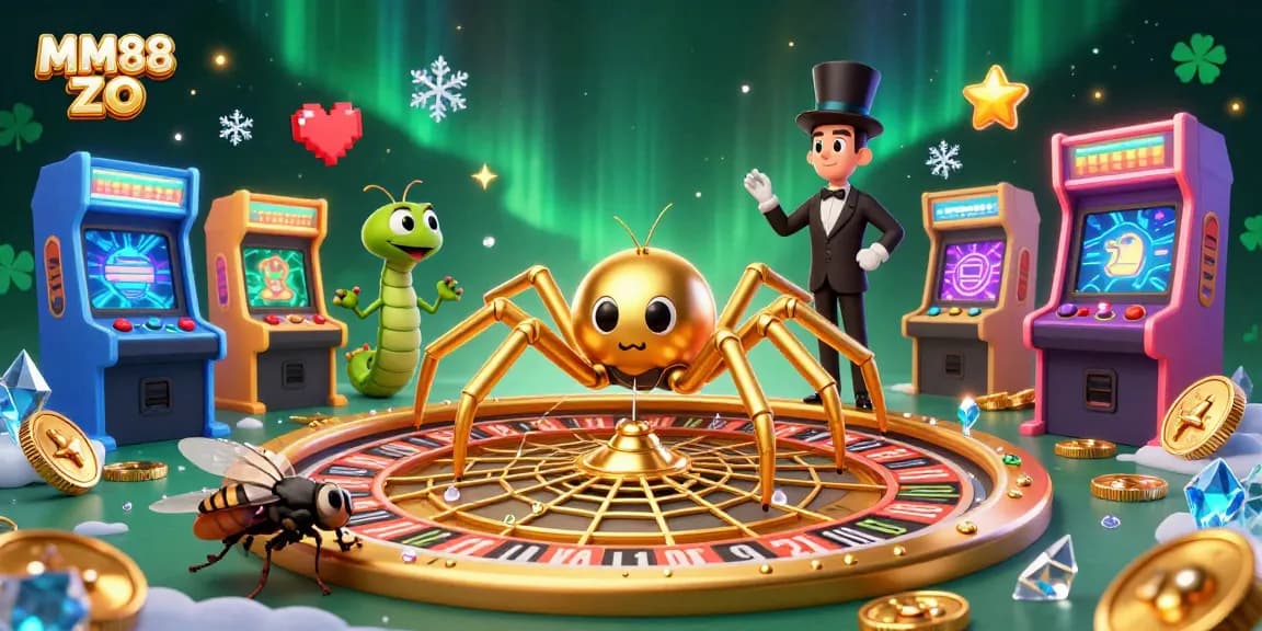 Engage with MM88 ZO through a vibrant casino gaming scene featuring a unique roulette web.