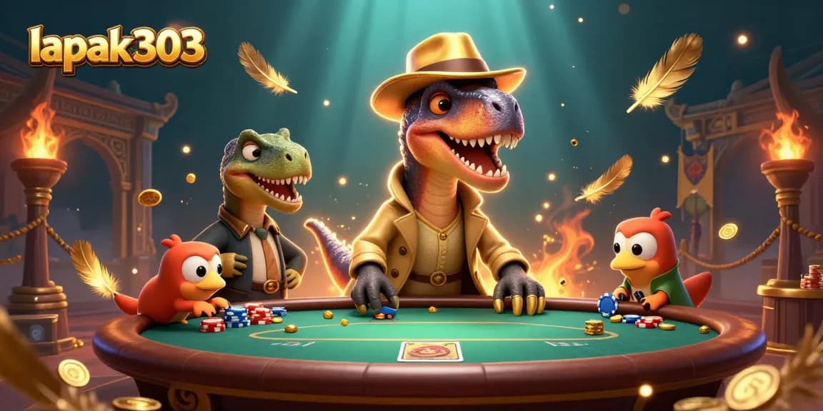 Lapak303: Velociraptor pintar poker mendapatkan chip di meja sambil dijaga stegosaurus di arena bertema unik.