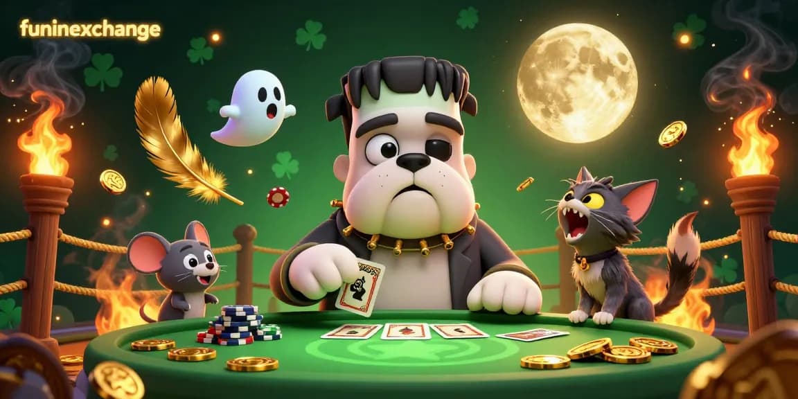 Experience thrilling gameplay on funinexchange with a 3D Frankenstein bulldog dealer at a vibrant casino.