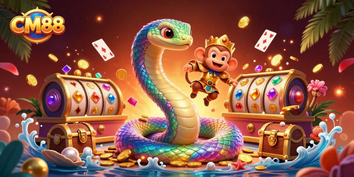 Experience thrilling wins with CM88 in this vibrant casino scene featuring playful characters and dynamic elements.