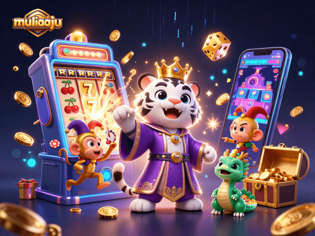 Experience excitement with muliaaju's vibrant illustration showcasing cartoon characters and casino elements.
