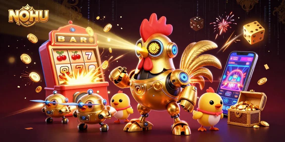 Engage with NOHU's thrilling casino experience featuring a dazzling slot machine and golden treasures.