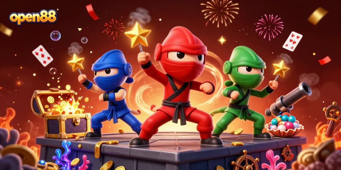 Join the fun with open88 as chameleon ninjas showcase synchronized moves amid gold coins and celebration!