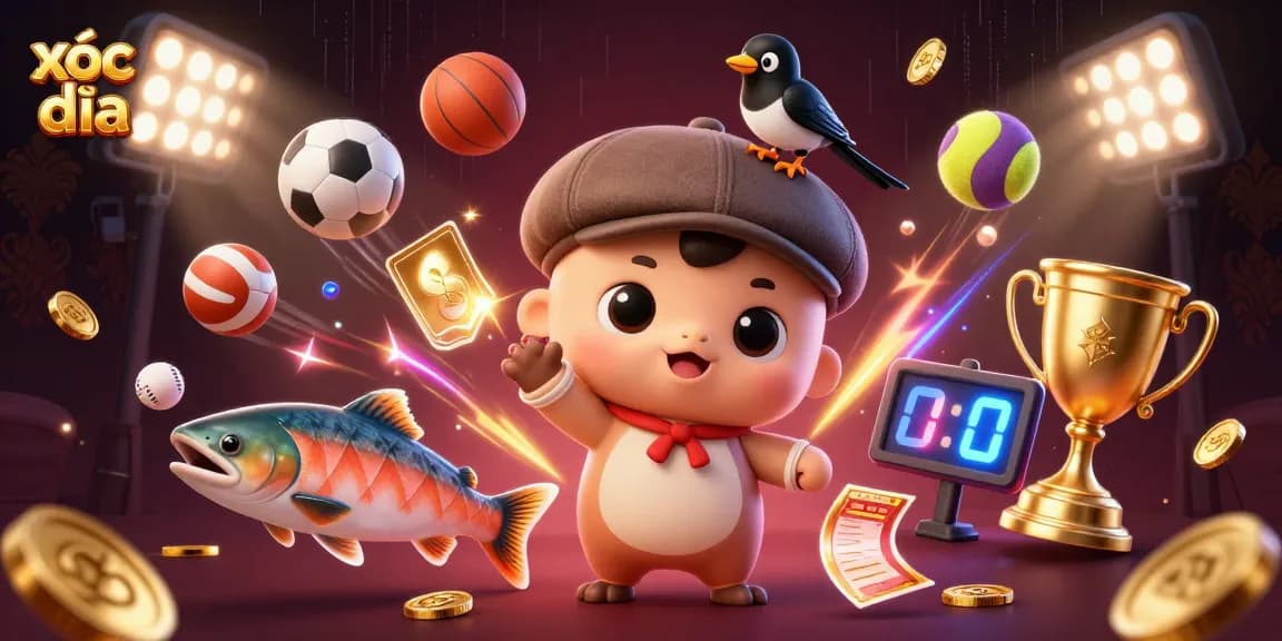 Xóc đĩa players enjoying a vibrant scene filled with dynamic 3D elements, gold coins, and lively characters.