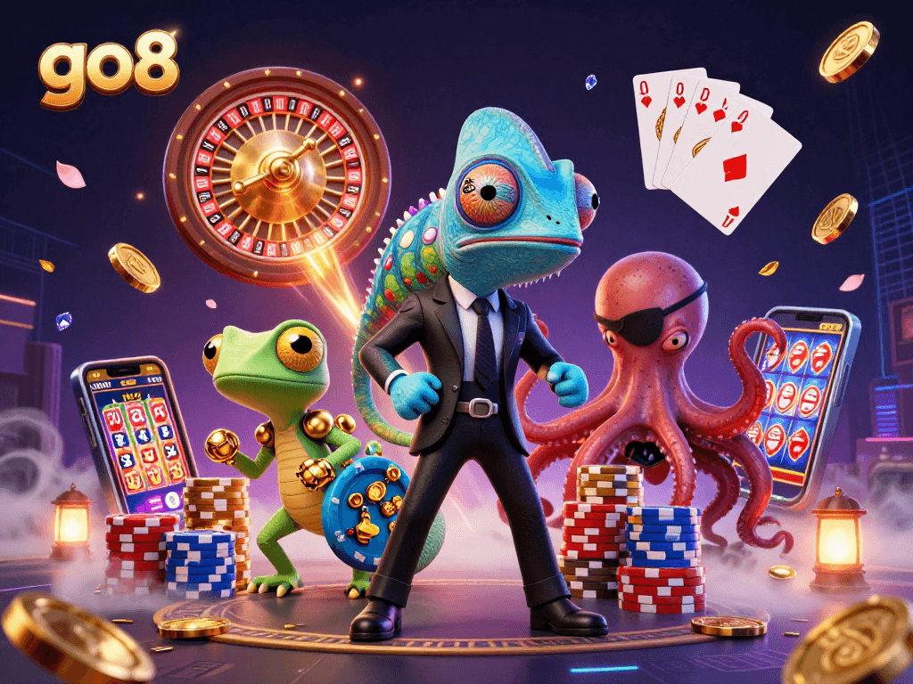 Experience the thrilling go8 gaming adventure with vibrant characters and dynamic casino elements.