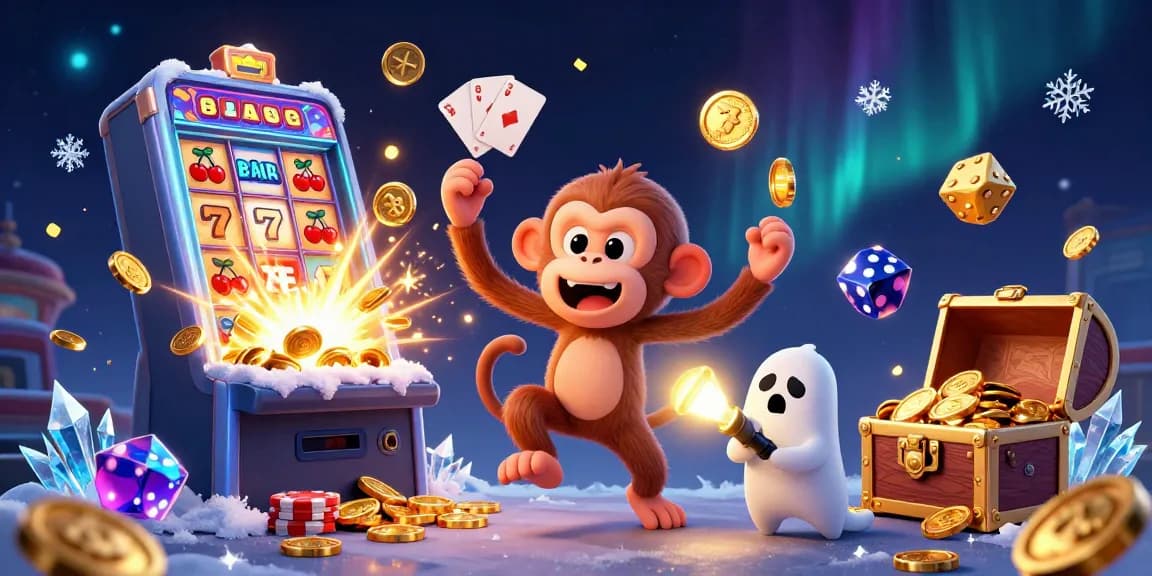 Engage with exciting 789win casino games as the mischievous monkey juggles golden tokens in a festive scene.