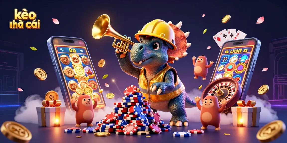 Engage in kèo nhà cái action with a dynamic scene featuring fun dinosaur characters celebrating wins amidst casino elements.