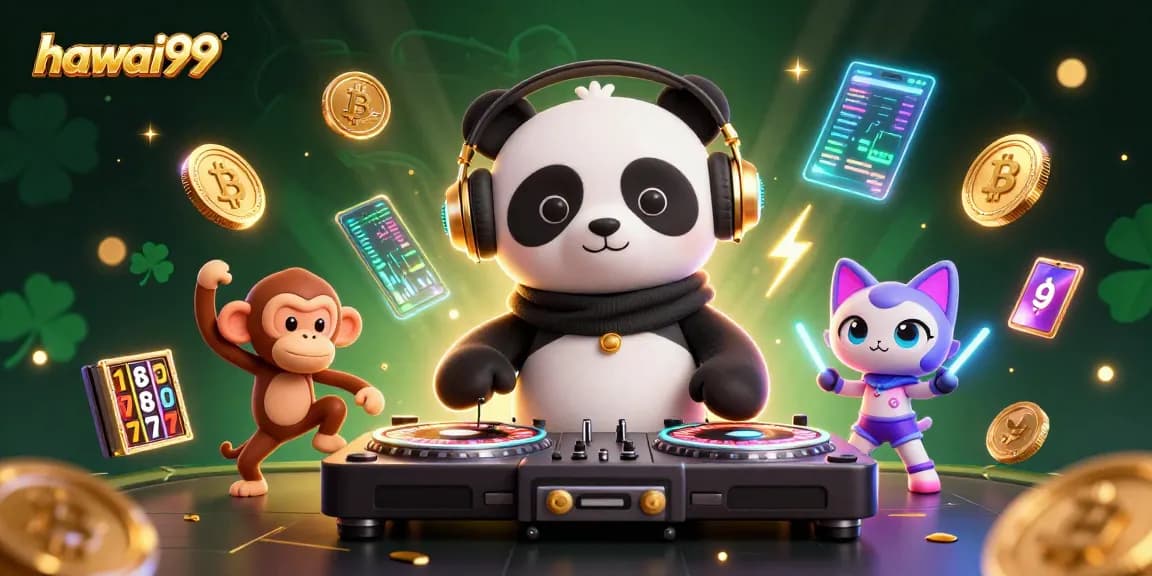 Engage with hawai99 featuring a DJ panda and breakdancing monkey in a vibrant casino scene.