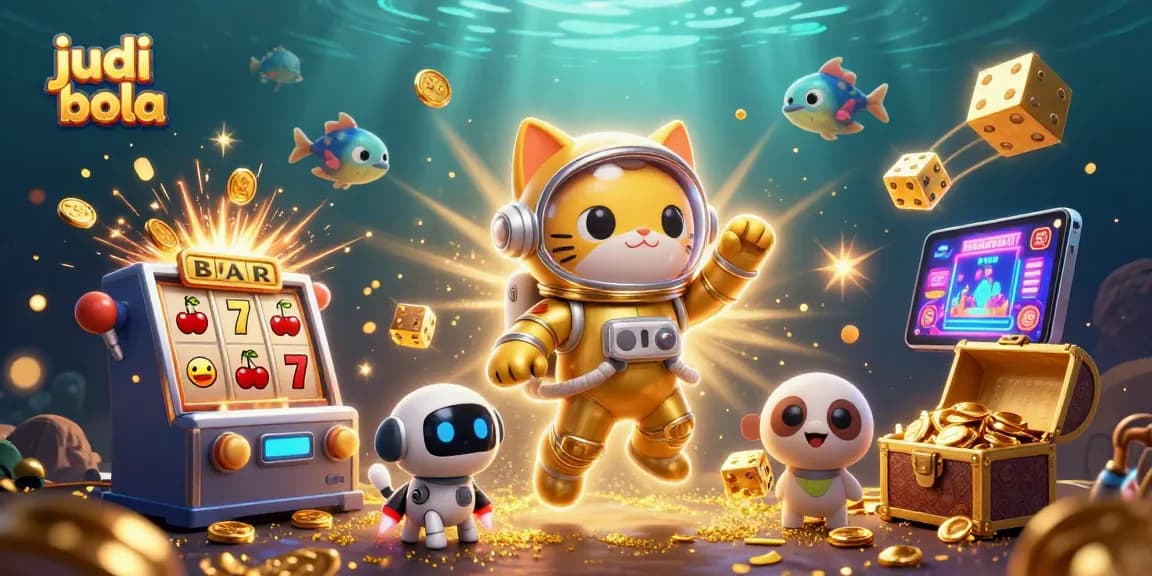 Experience judi bola thrills with a vibrant 3D illustration featuring slot machines, astronauts, and festive casino elements.