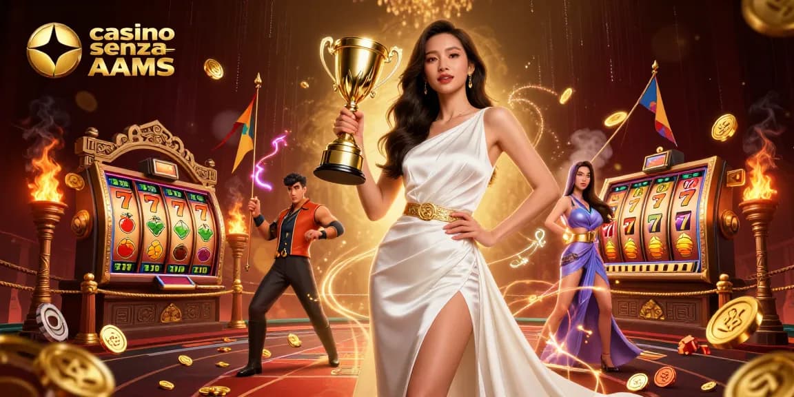 Scopri l'emozione dei casino senza AAMS con un'illustrazione straordinaria che mostra vittoria ed elementi di gioco.