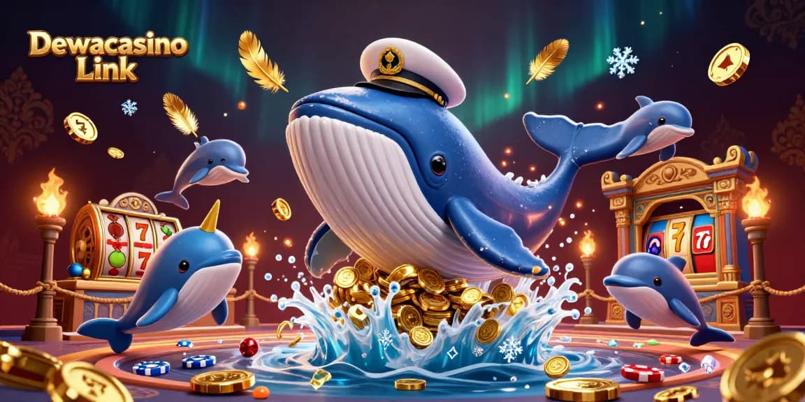 Dive into the excitement with Dewacasino Link showcasing a cartoon whale and playful dolphins amid gaming icons.