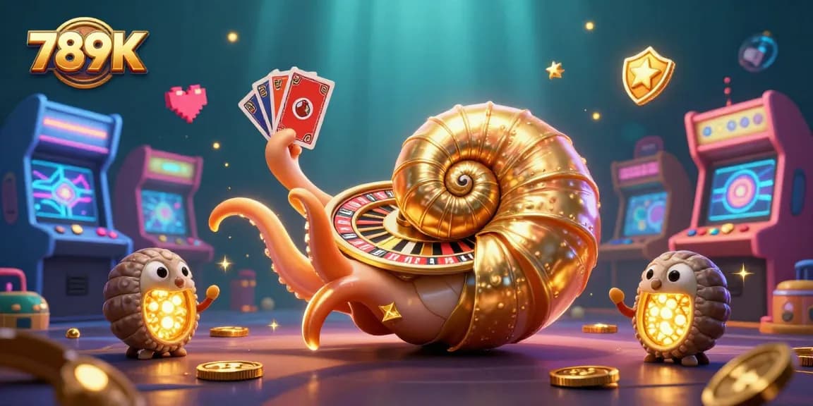 Try your luck at 789K's vibrant 3D casino scene, featuring a nautilus roulette wheel and glowing game machines.