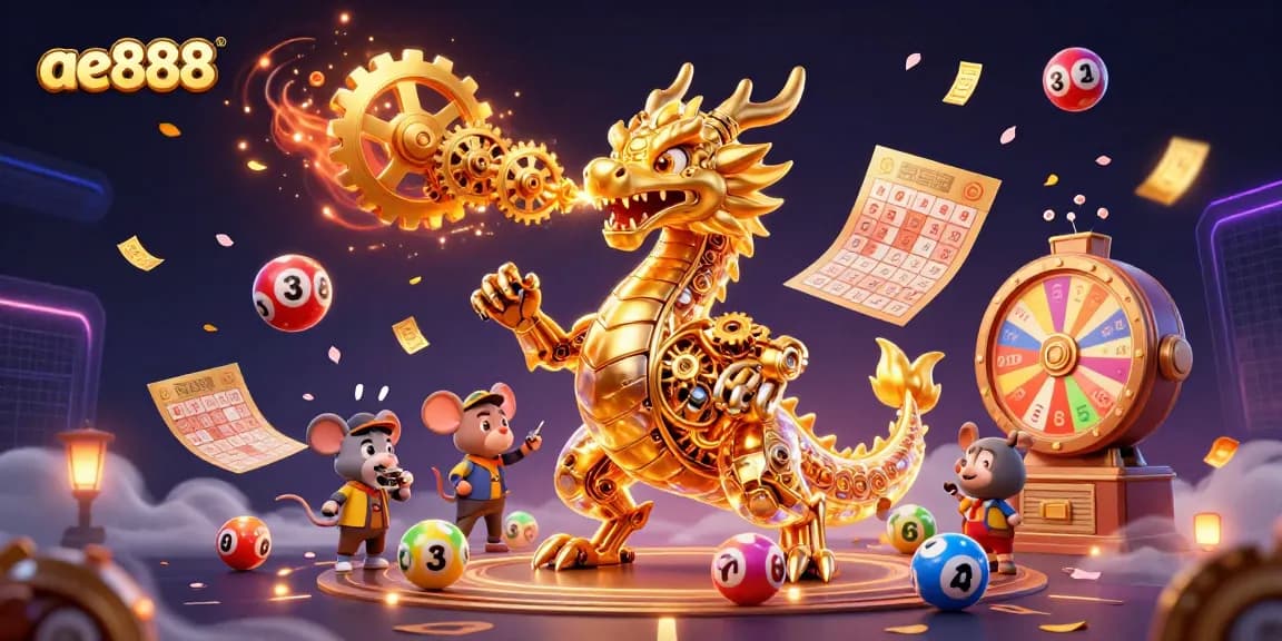 Experience thrilling wins at ae888 with colorful lottery balls, a golden dragon, and vibrant Casino elements