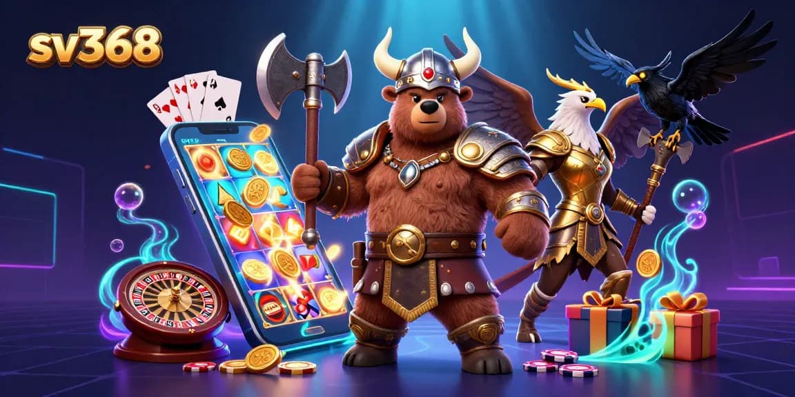 Experience thrilling gaming action at sv368 with a vibrant illustration showcasing a Viking berserker bear and exciting casino elements.