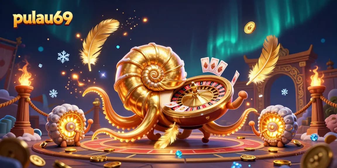 Pulau69 unleashes excitement with a golden roulette shell and vibrant gaming atmosphere.