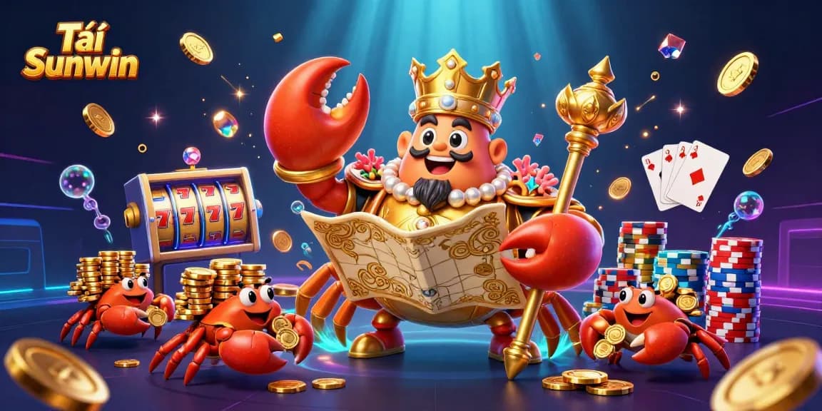 Tải Sunwin with a vibrant cartoon crab emperor holding treasures, showcasing a lively slot scene.