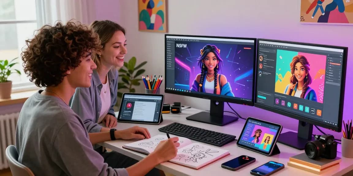 Young couple exploring interactive NSFW AI characters on sleek desktop setup, characterized by vibrant avatars and ambient lighting.