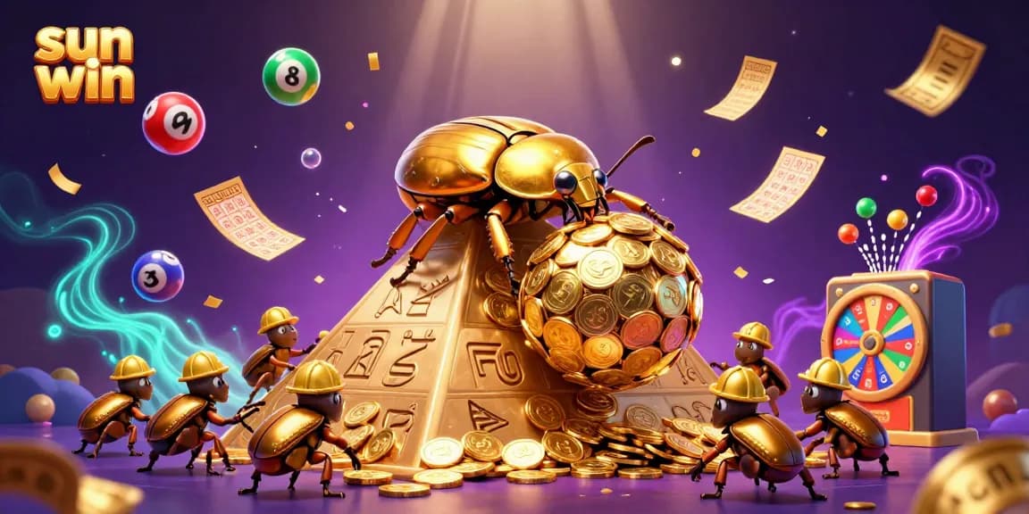 Catch the sun win moment with colorful bouncing lottery balls amidst a gold-coin pyramid scene, capturing casino excitement.