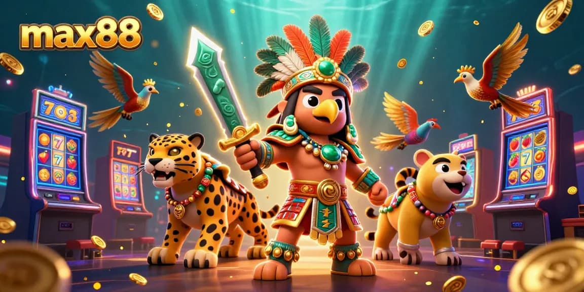 Engage with max88's thrilling slot games showcasing a vibrant Aztec theme, spinning lucky reels, and dynamic gold coins.