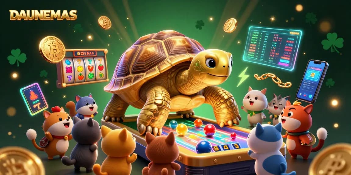Engage with DAUNEMAS in a vibrant 3D scene showing gaming excitement with a playful golden tortoise.