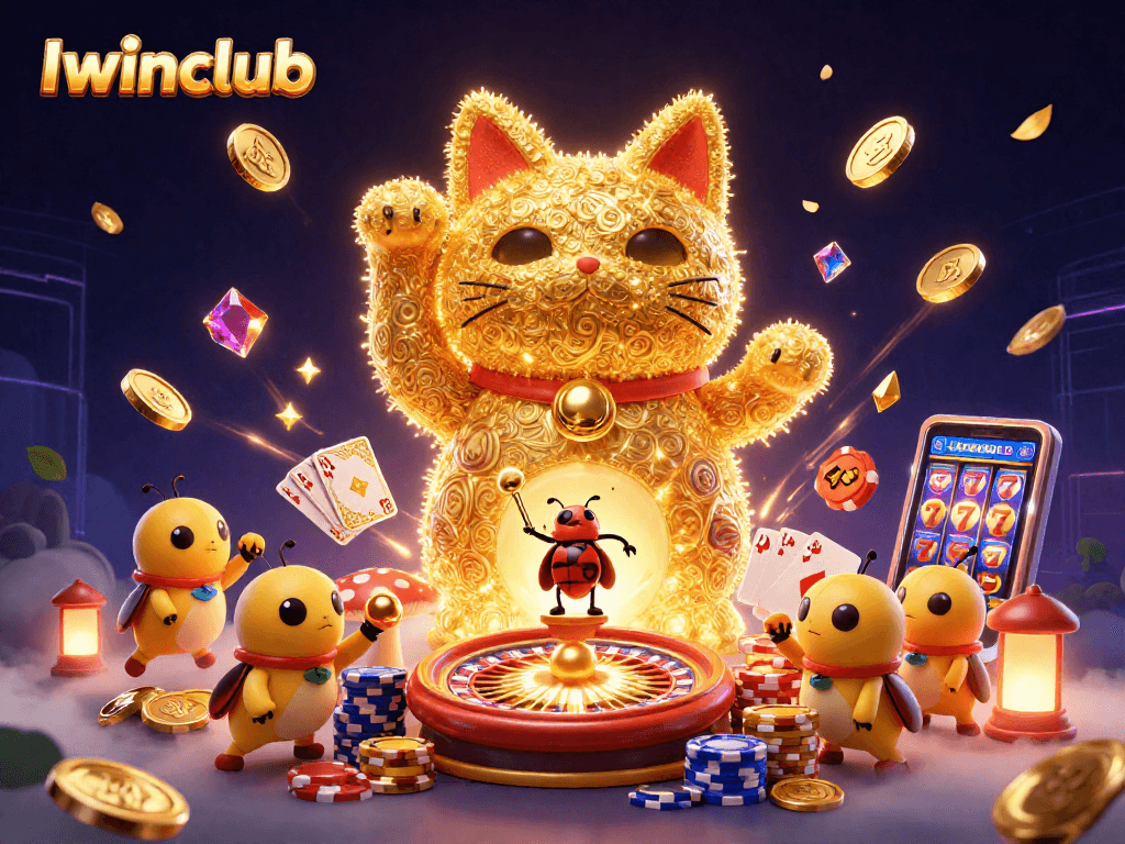 Iwinclub welcomes players with a vibrant 3D illustration showcasing a lucky cat amidst casino symbols, coins, and cards.