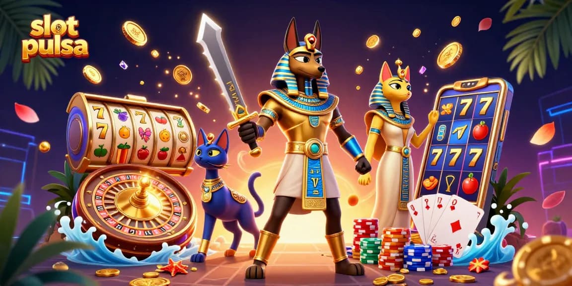 Rasakan sensasi slot pulsa dengan Anubis dan Bastet di tengah koin berjatuhan dan jackpot.