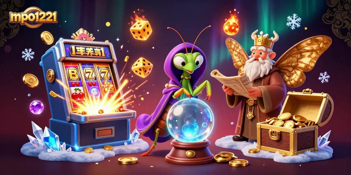 Mainkan mpo1221 sambil menikmati ilustrasi kasino dengan slot, koin, dan karakter mistis.