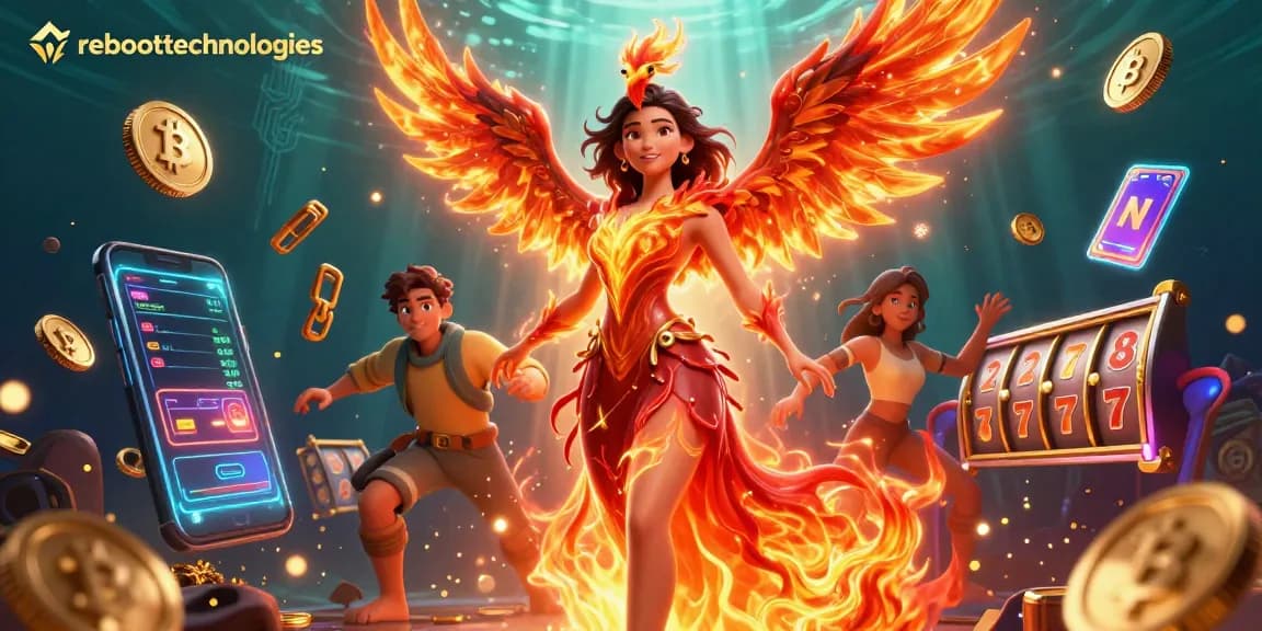 Engage with reboottechnologies in a vibrant casino scene filled with fiery elements and crypto symbols.