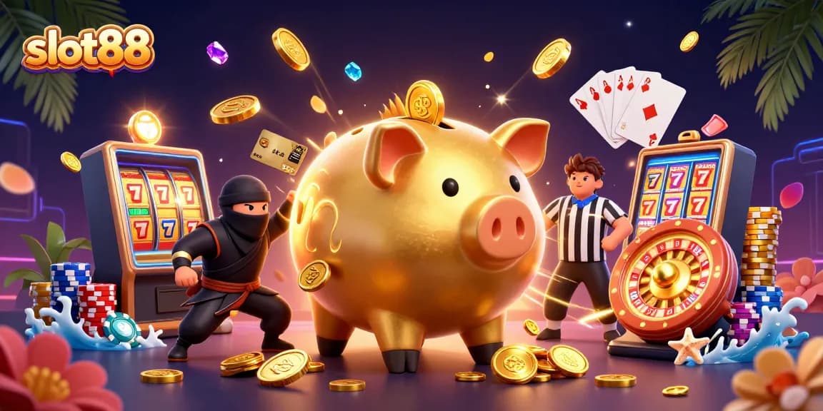 Slot88 bagi pemain slot menunjukkan celengan emas dan barang berkilau dalam kasino.