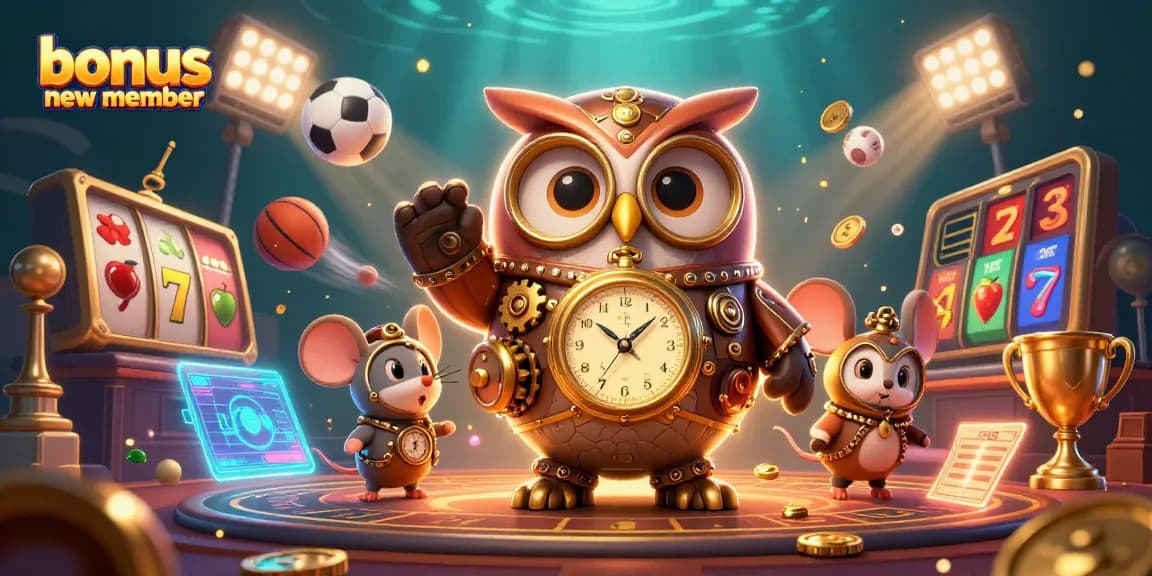 Celebrate with the bonus new member offer featuring lively 3D casino elements and characters.
