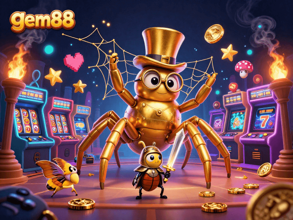 gem88 showcases a vibrant casino scene with a golden tarantula and beetle knight amidst slot games.
