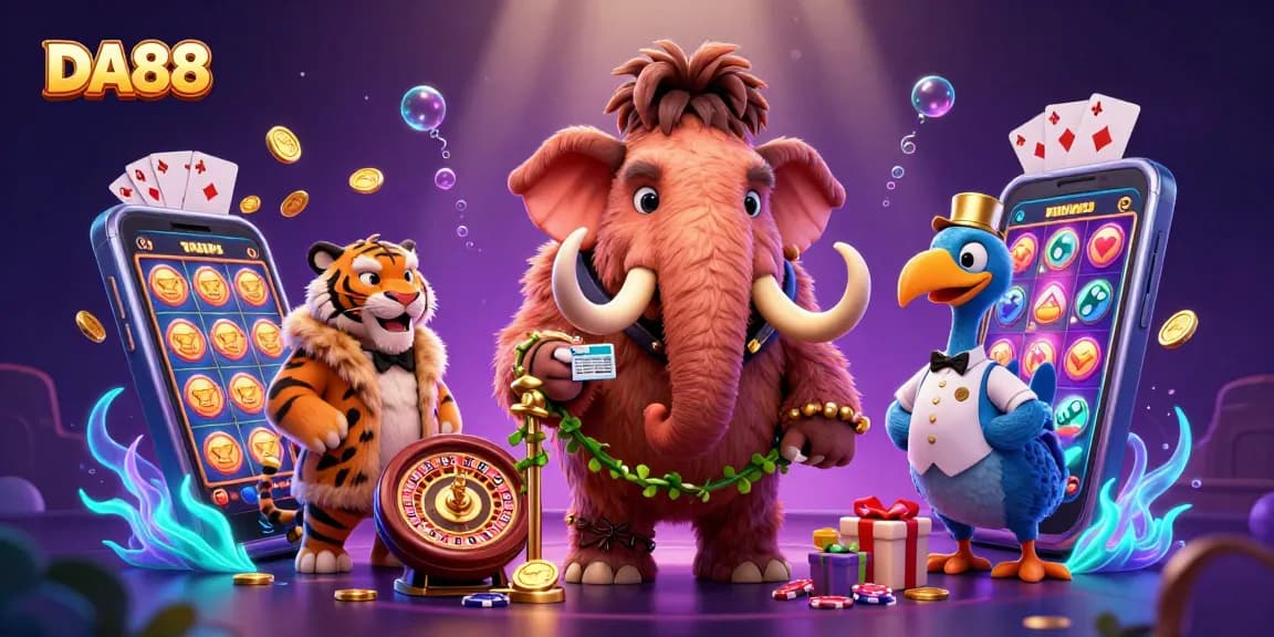 Experience gaming thrills with DA88 at a vibrant casino scene with wild characters and dazzling slot action.