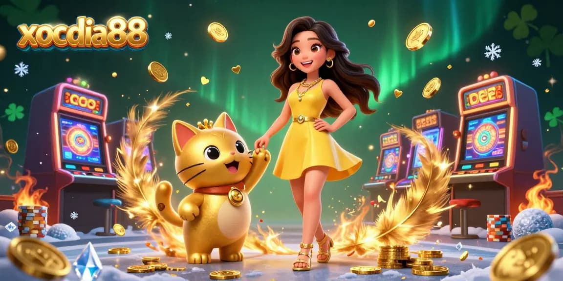 Xocdia88 offers vibrant casino experiences, featuring an Asian woman and lucky cat amidst golden coins and dynamic gaming elements.