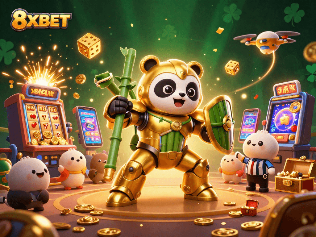 Experience thrilling wins with 8XBET in a vibrant casino arena filled with slot machines and energetic gameplay.