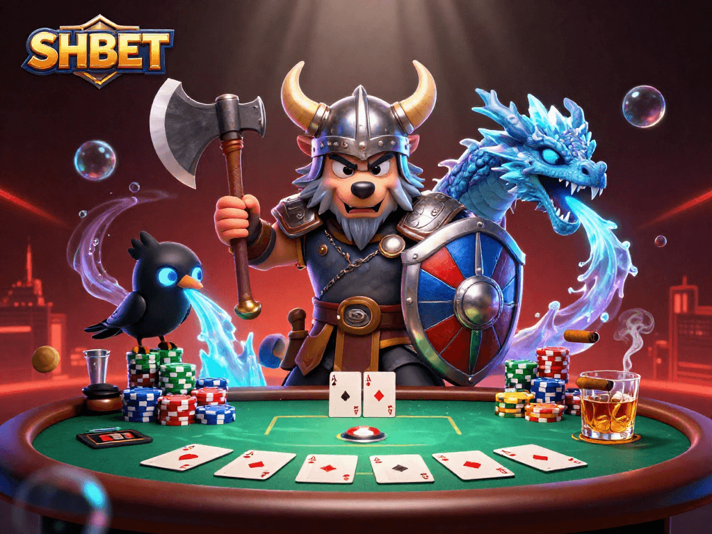 Engage with SHBET's dynamic casino atmosphere featuring a Viking warrior, dragon, and poker elements.