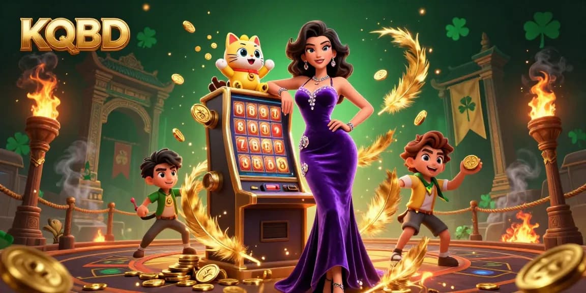 KQBD showcases a glamorous woman beside a jackpot slot machine, coins erupting in a vibrant casino atmosphere.