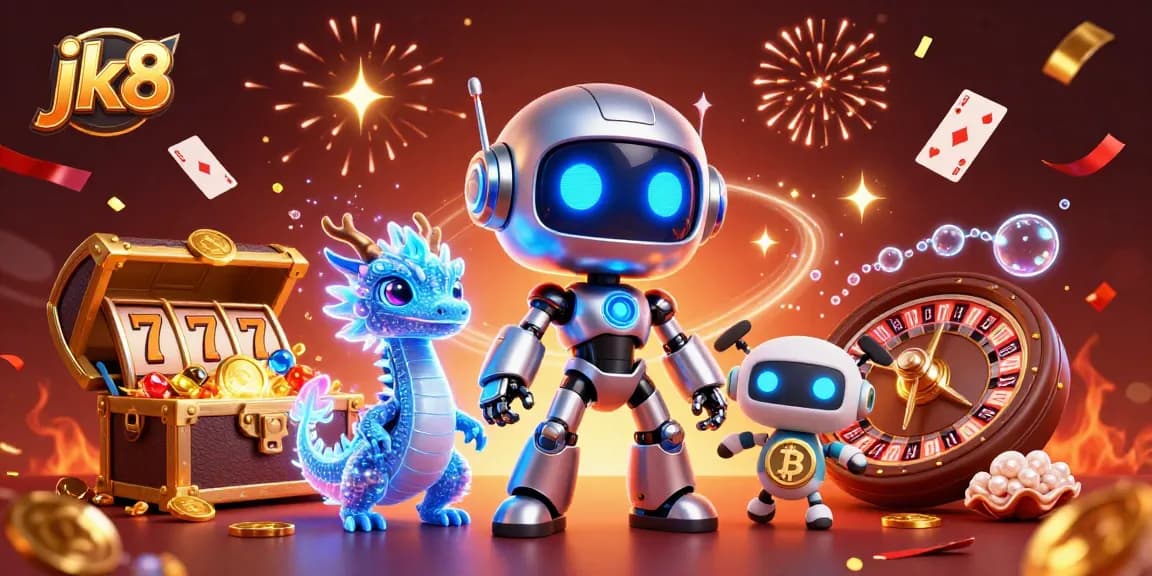 Win big with jk8 at a vibrant casino scene featuring a cyberpunk robot, AI dragon, and thrilling game elements.