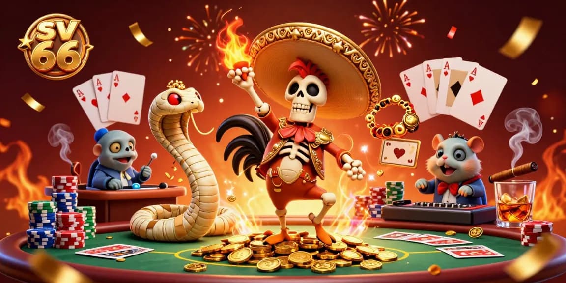 Experience the thrill at sv 66 with cartoon skeletons, casino elements, and vibrant party vibes.
