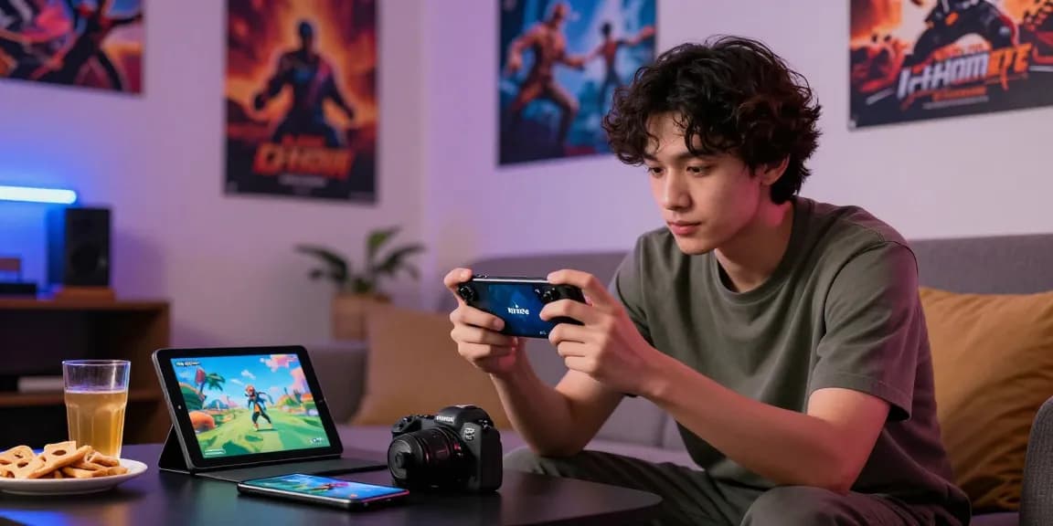 Young adult enjoying the Alano Dt 5 game portal in a cozy living room setting, surrounded by gaming accessories.
