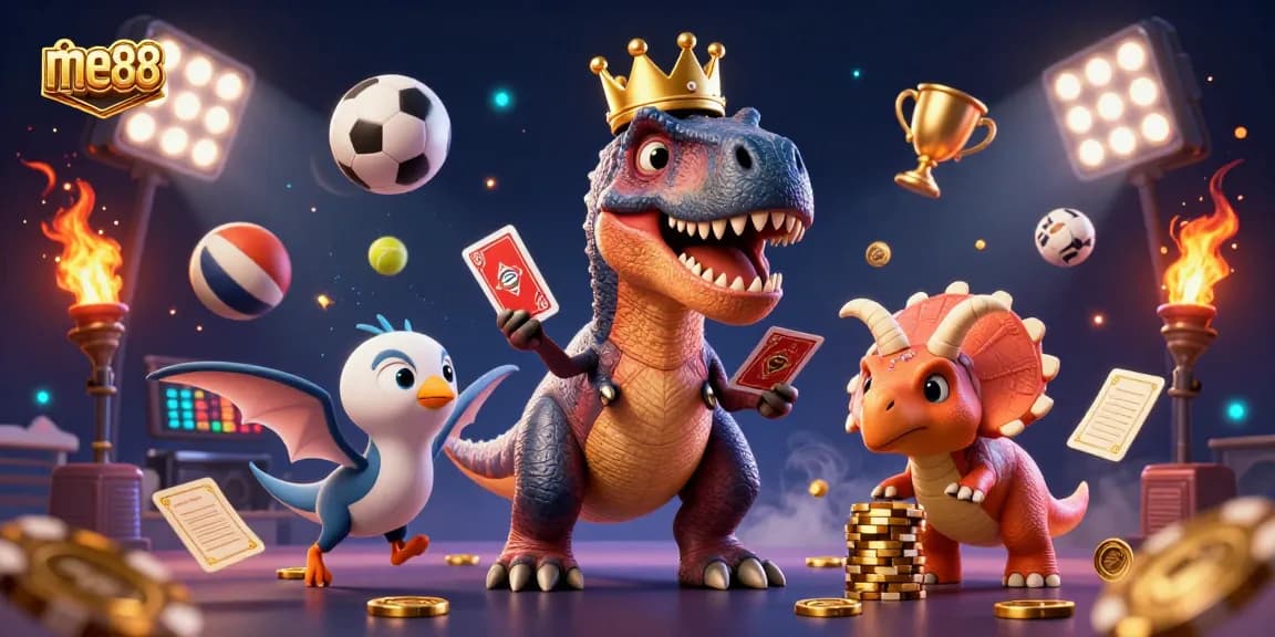 Join the fun at me88 with a T-Rex shuffling cards and prizes flying around in a lively casino scene.