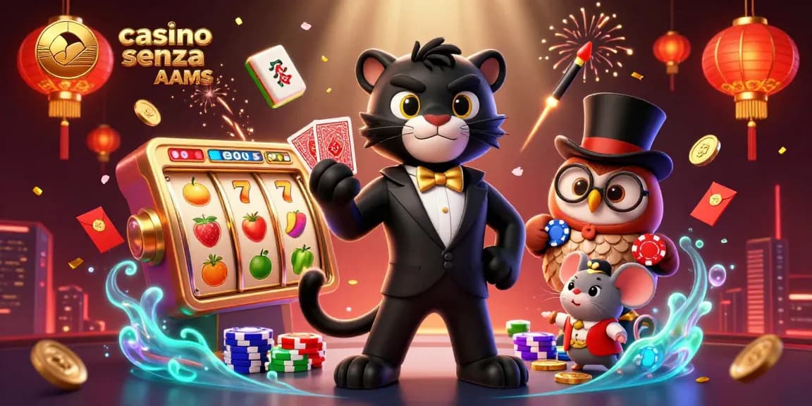 Personaggi carini al casino senza AAMS con una pantera, un gufo e un topo tra elementi di gioco vivaci.