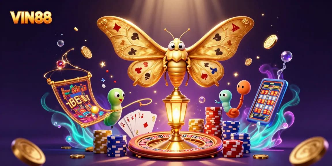 Engage with exciting games at VIN88, featuring vibrant casino scenes and enchanting moths.