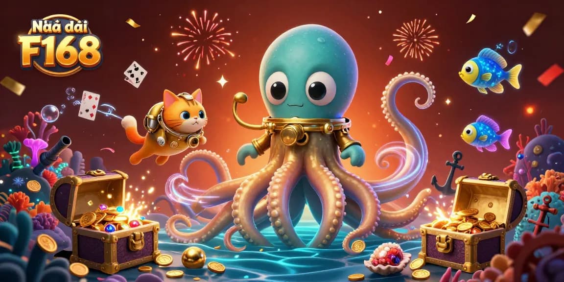 Play games at Nhà cái F168, featuring a vibrant 3D illustration with a kraken and diving cat set in an ocean treasure scene.