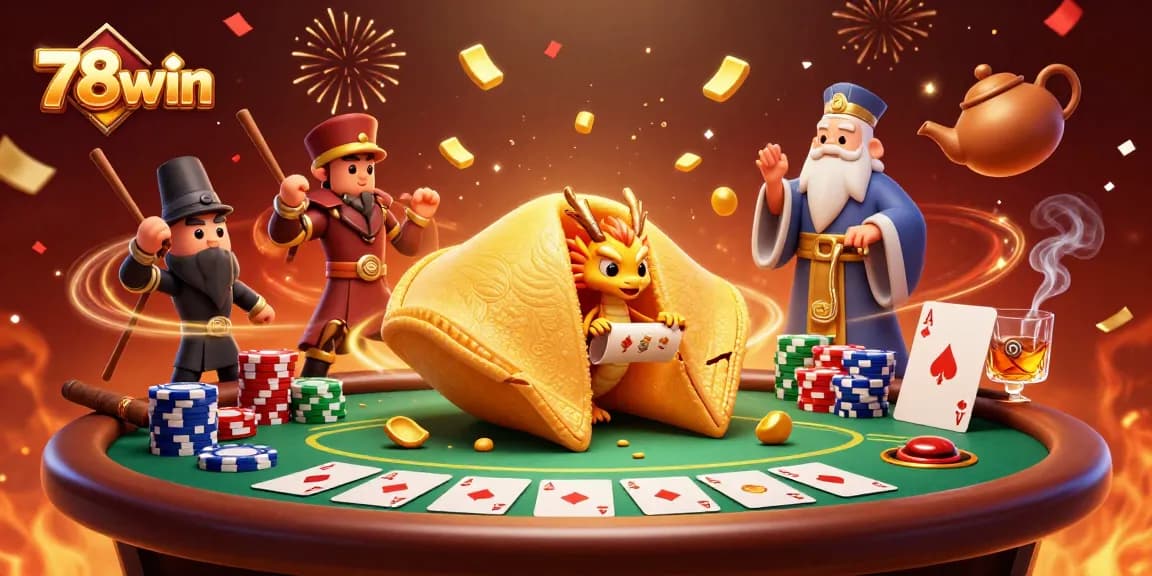 Experience the thrill of winning with 78win's vibrant casino illustration featuring a golden fortune cookie and poker elements.