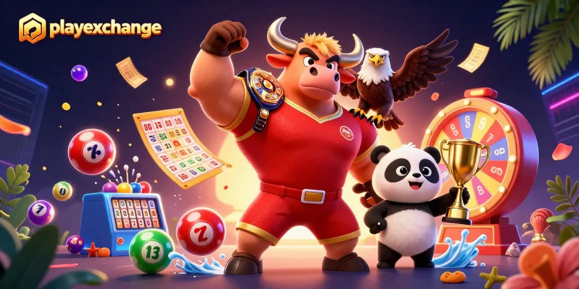 Experience winning with playexchange's exciting dynamic illustration featuring a victorious bull, eagle, and panda.